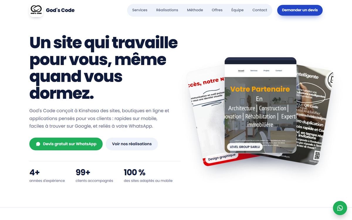 Page d'accueil du site Godscode Pro : titre principal, bouton de devis sur WhatsApp et aperçus de réalisations