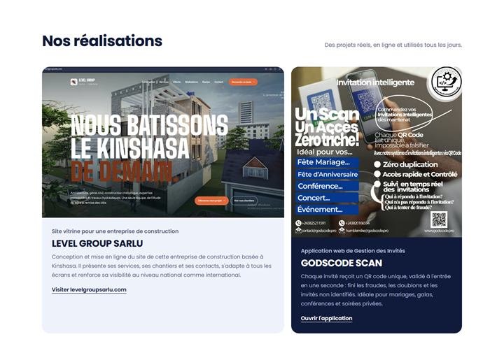 Section réalisations du site Godscode Pro présentant le site LEVEL GROUP SARLU et l'application Godscode Scan