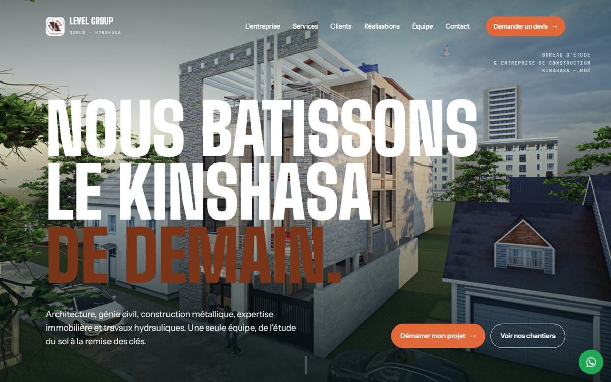 Page d'accueil du site LEVEL GROUP SARLU : grand titre « Nous bâtissons le Kinshasa de demain » sur un rendu d'immeuble